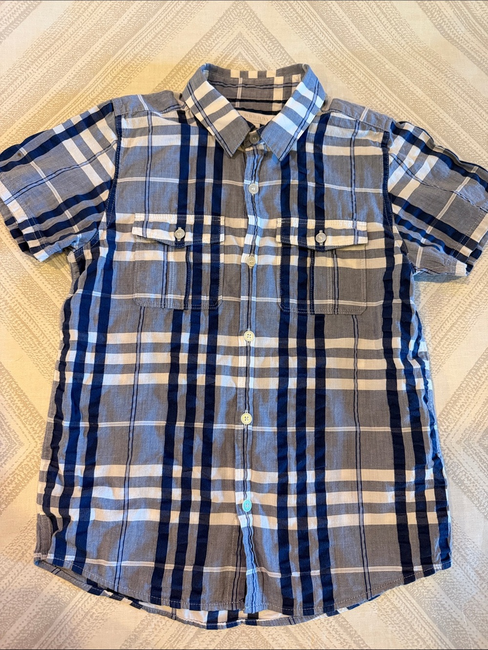 Burberry Children’s Blue & White Check Short Sleeve Button-Down Shirt Size 7Y